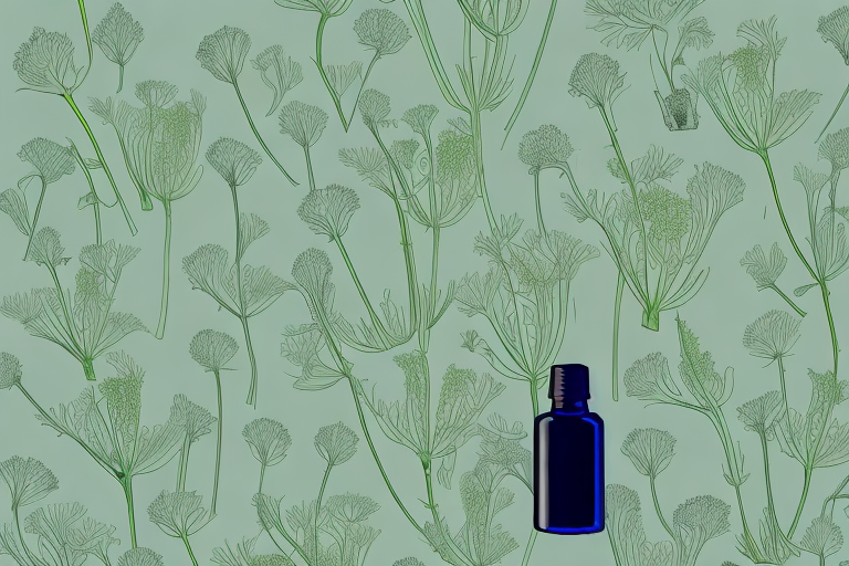 A fennel plant with a bottle of essential oil beside it