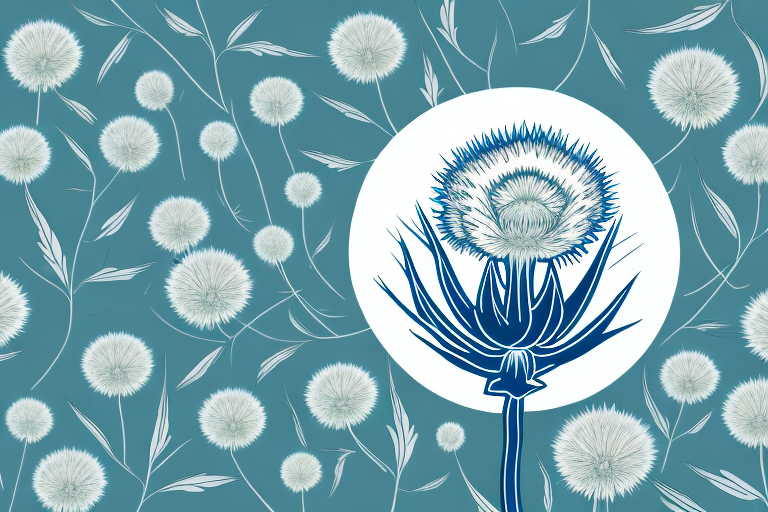 A globe thistle flower with its leaves and stems