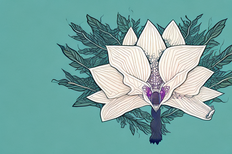 A dendrobium flower with its leaves and roots