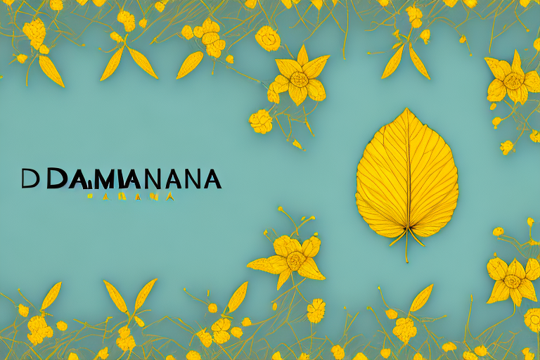 A damiana leaf with its distinctive shape and yellow flowers