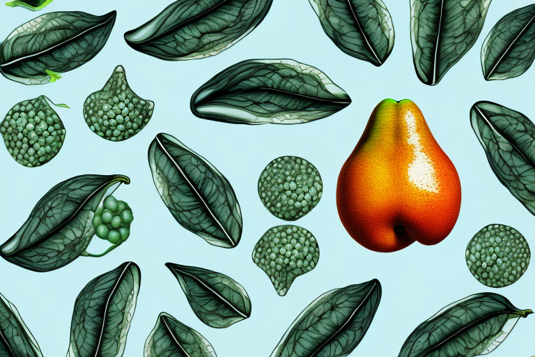 A garcinia fruit with its leaves and stem