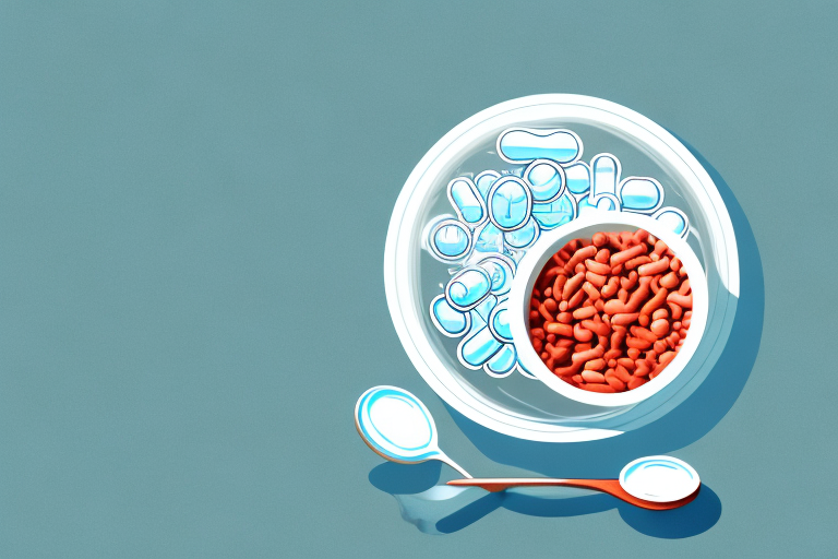 A bowl of iron supplements with a spoon and a glass of water
