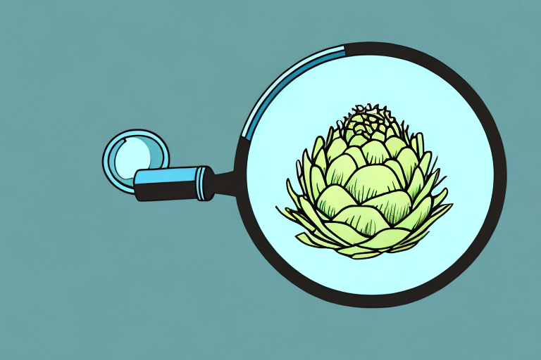 A large artichoke with a magnifying glass over it