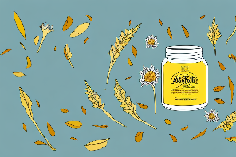 A jar of asafoetida with a few of its leaves and flowers scattered around it