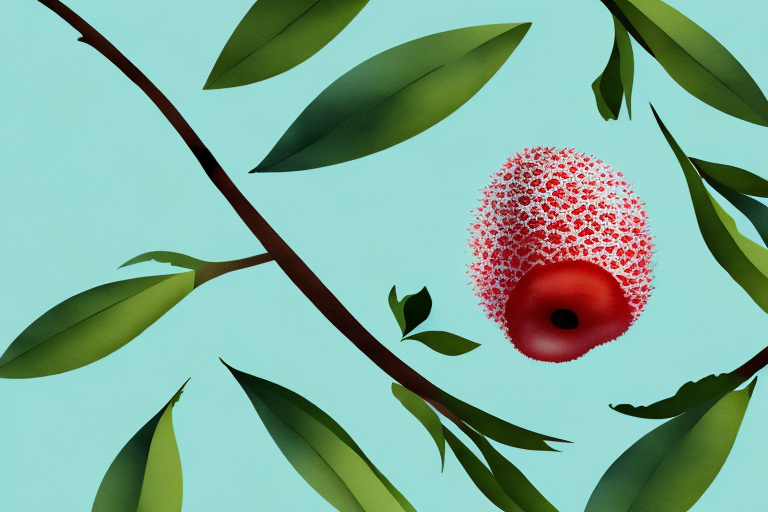 A longan fruit with a few leaves and a branch