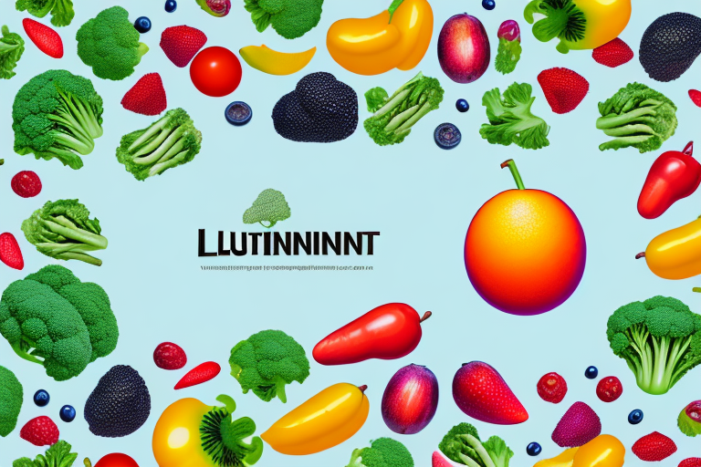 A lutein molecule surrounded by a variety of colorful fruits and vegetables