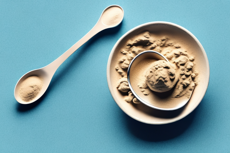 A bowl of maca powder with a spoon beside it