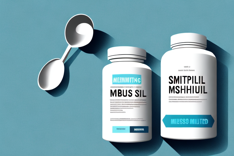 A bottle of msm supplement capsules with a measuring spoon beside it