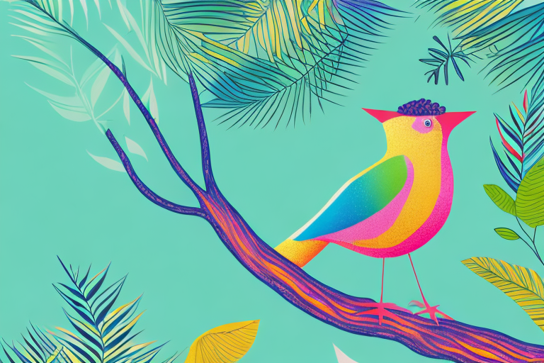 A colorful bird perched on a branch with a background of lush foliage