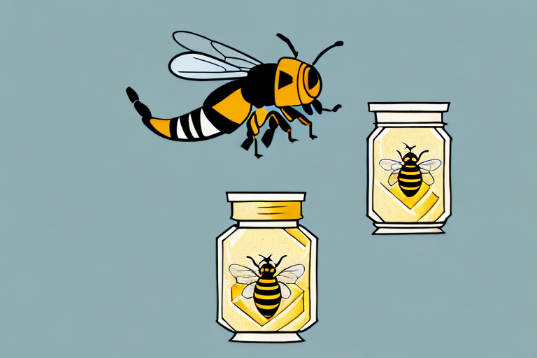 A bee hovering over a hive with a jar of royal jelly in its grasp