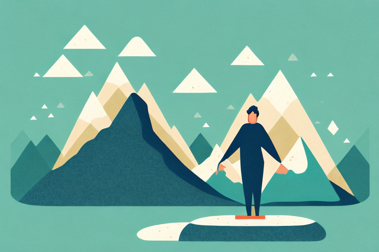 A mountain range with a figure of a person standing in front of it