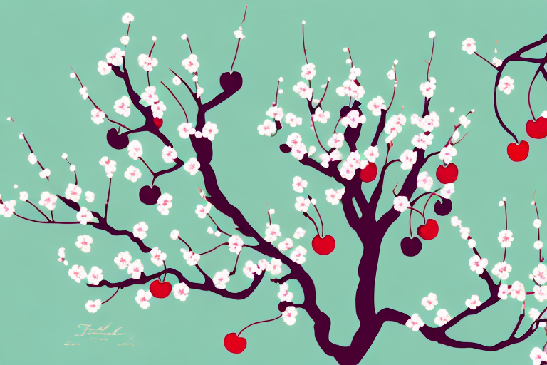A tart cherry tree with ripe cherries hanging from its branches