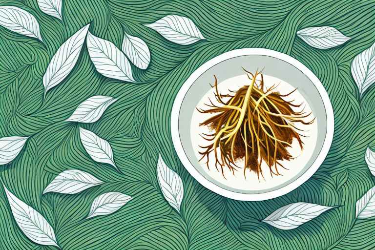 A bowl of thai ginseng with its leaves and roots