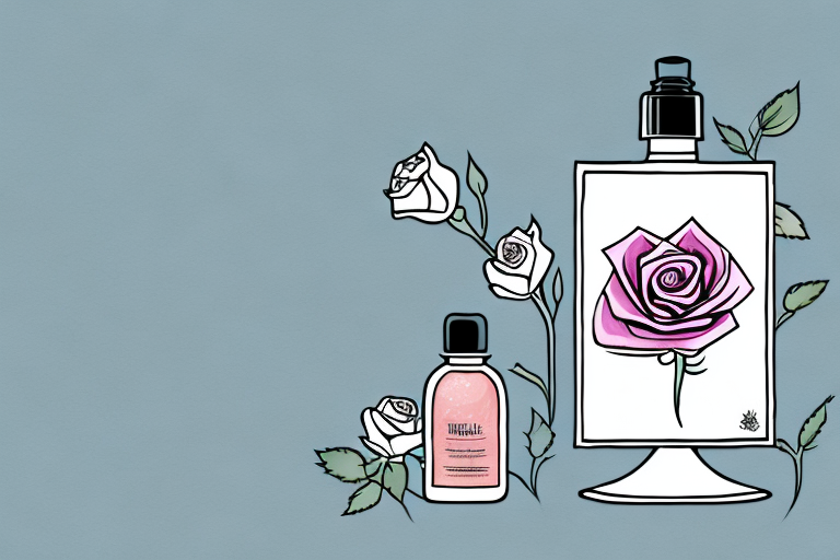 A rose with a bottle of rose essential oil beside it