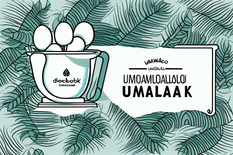 A plant with a label showing the name "umckaloabo" and a measuring cup with the dosage amount