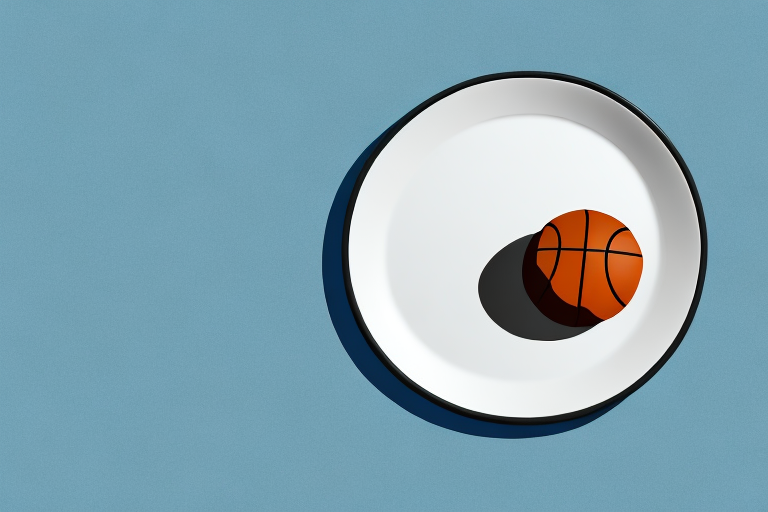 A basketball court with a basketball and a plate of healthy food