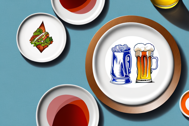 A beer mug with a healthy plate of food next to it