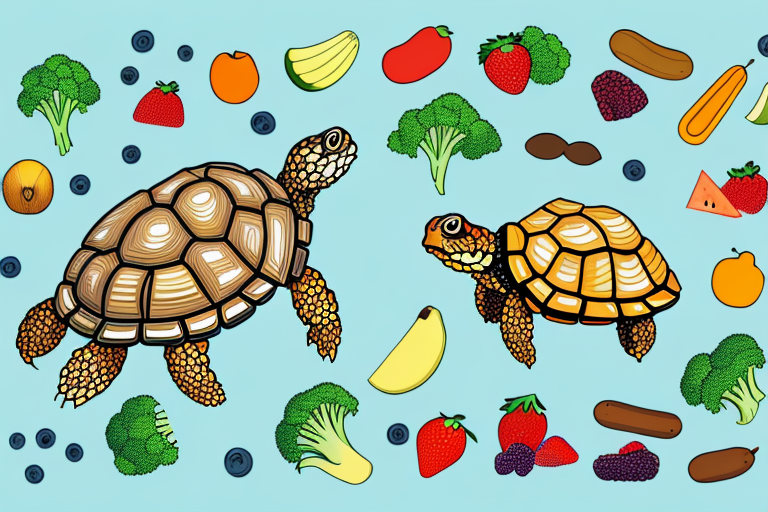 A box turtle eating a variety of fruits and vegetables