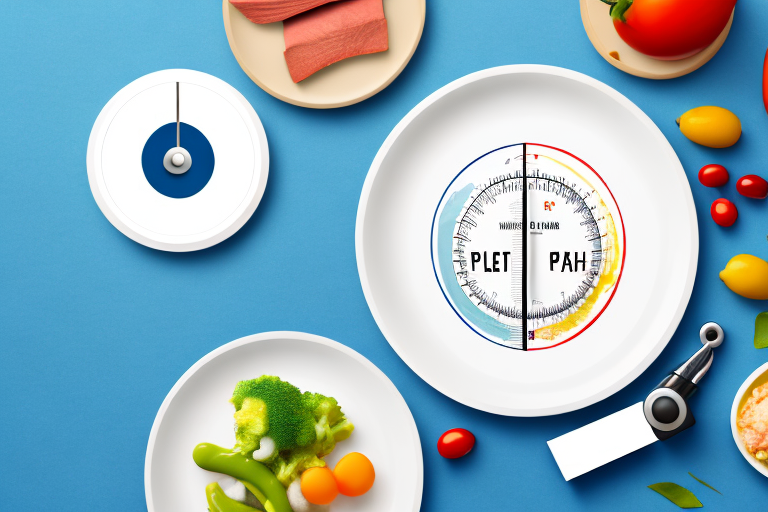 A healthy plate of food with a scale and measuring tape in the background