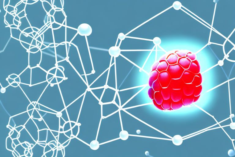 A raspberry with a molecular structure in the background