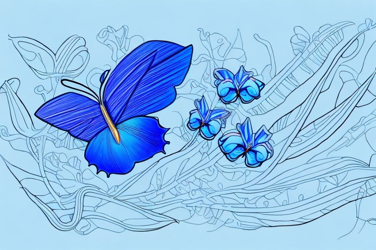 A vibrant blue butterfly pea flower with its leaves and tendrils