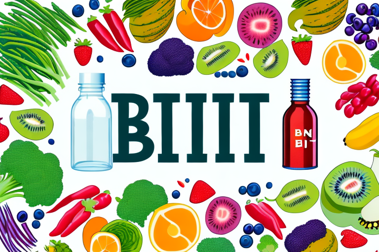 A bottle of biotin capsules surrounded by a variety of colorful fruits and vegetables